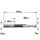 Gespiraliseerde langgatboor, links D=6 I2=60 L=120 Z2 S=O16 x 50 Q=SP